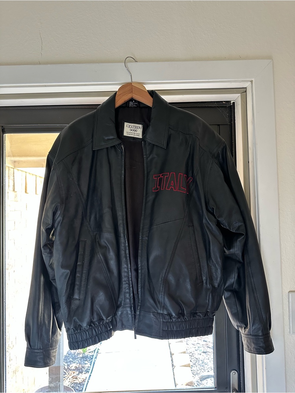 Leather Bomber Jacket - Black with Red 'ITALY' Embroidery